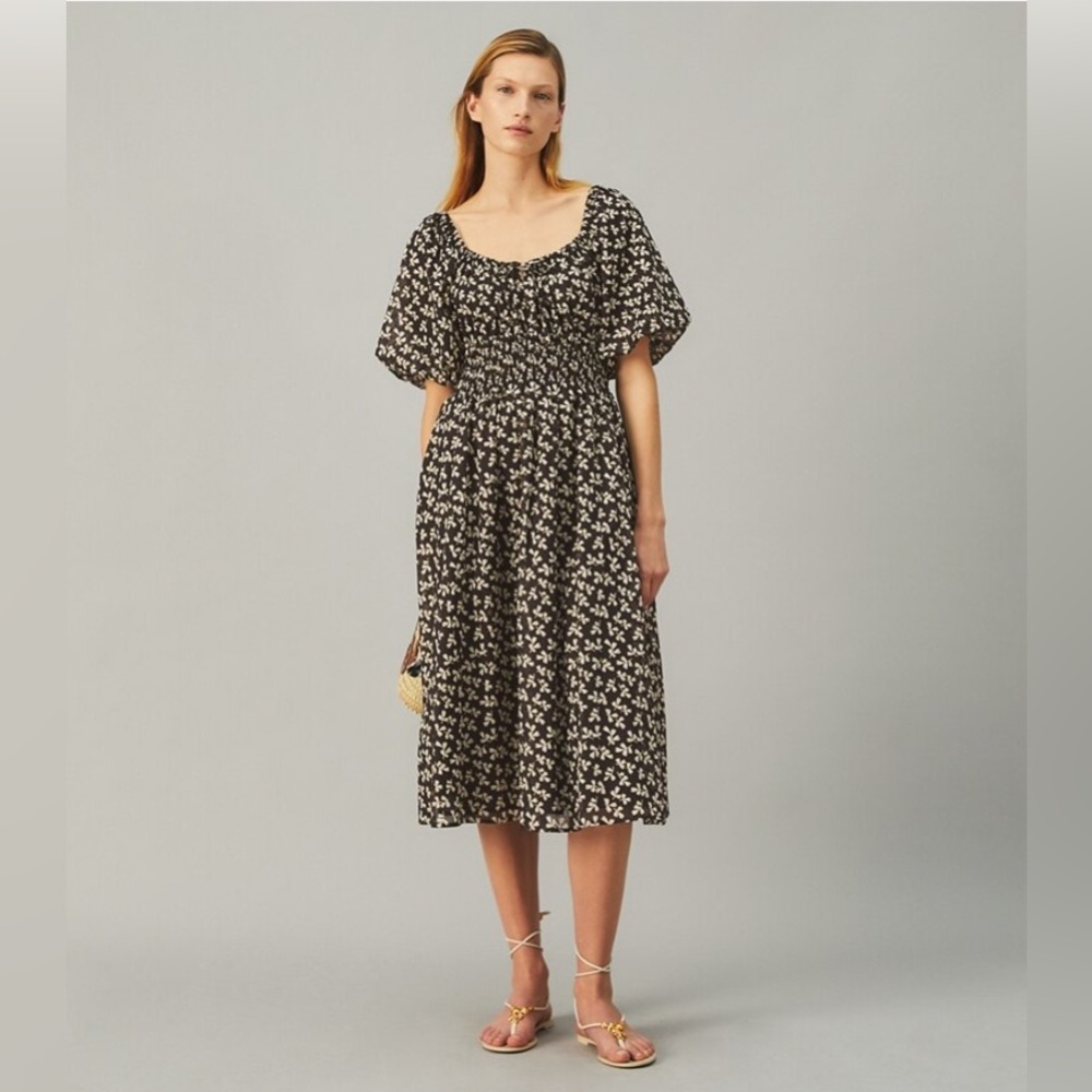 NWT $498 Tory Burch Smocked Midi Dress in Black Little Leaves